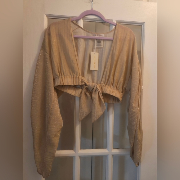 Ramy Brook Alegria Layering Blouse W/ Ruched Sleeves & Cinched Waist- Gold Shim - Picture 4 of 6